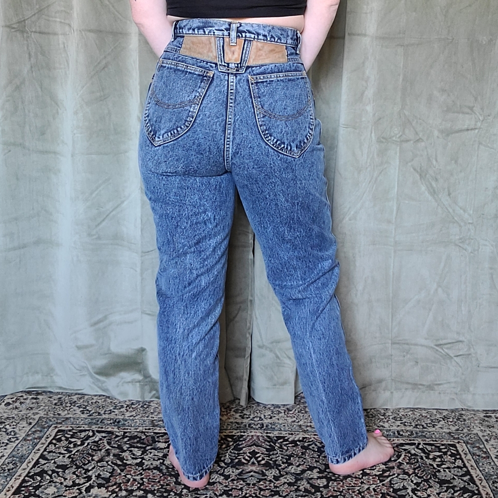 Vintage Western Coastal Cowgirl Alt Leather Trimmed High Rise Denim Mom Jeans - Picture 14 of 14